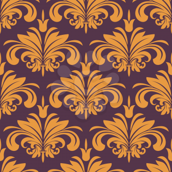Seamless orange flourish and foliage pattern in victorian style isolated on brown background for interior design