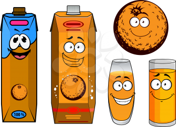 Funny smiling colorful orange fruit with full glasses and cardboard boxes of orange juice in cartoon style for food and beverage design