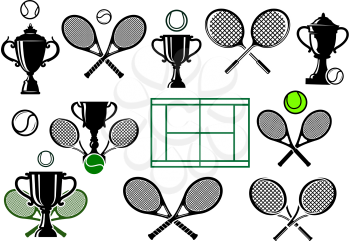 Design elements for tennis logo or emblem with crossed rackets, balls, trophy cups, court in black and green colors isolated on white background