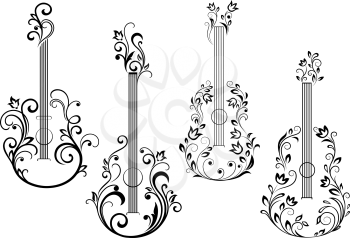 Abstract acoustic guitar icons with floral ornament in the form of guitar body
