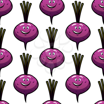 Vegetable seamless background with funny purple beet in cartoon style on white background suited for healthy nutrition concept or vegetarian menu design