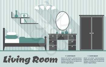 Living room interior flat infographic template in blue and grey colors includes striped wallpaper, bed, cupboard, bookshelf, mirror and chandelier suited for furniture catalog or apartment design