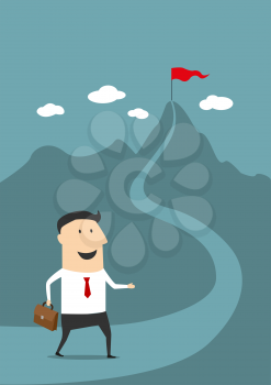 Businessman with briefcase in flat style moving on the road to the top of high mountain with red flag in the meaning of success and goal achievement