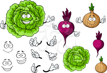Cartoon smiling vegetable characters with fresh cabbage, onion and beet for organic food and healthy eating concept design