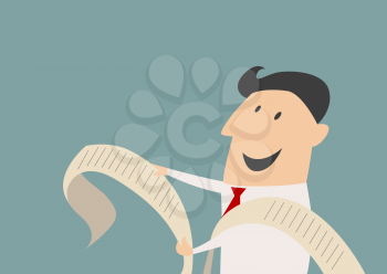 Smiling cartoon businessman character reading a long document with a happy face in flat style