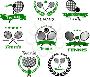 Tennis emblems, banners, symbols and icons with rackets, balls, wreaths, ribbons for sport logo or tournament design