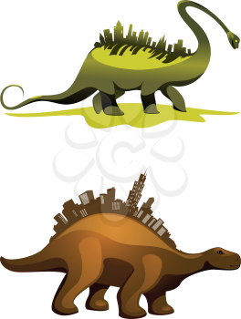 Two dinosaurs with buildings on neck, brown and green,  as a real estate industry concept design