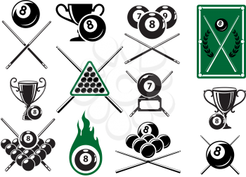 Billiard, pool and snooker sports emblems with crossed cues, billiard balls, trophy cups and table