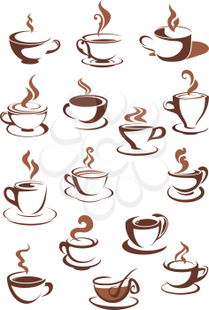 Steaming coffee cups isolated on white in sketch style for fastfood or cafe menu design