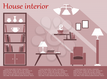 House living room interior flat infographic with bookcase, chair, floor lamp, coffee table, wall shelves and chandelier in various shades of pink and white with long shadow