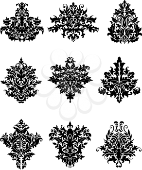 Damask floral ornamental elements with lush black flowers on white background for luxury patterns design