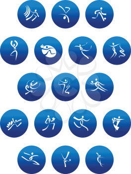 Sports,dance and artistic gymnastics icons with white abstract sportsman silhouettes in blue circles for sporting competition design