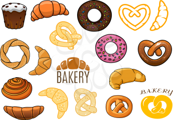 Bakery design elements of buns, cakes, croissants, donuts, pretzels in cartoon and outline style with captions