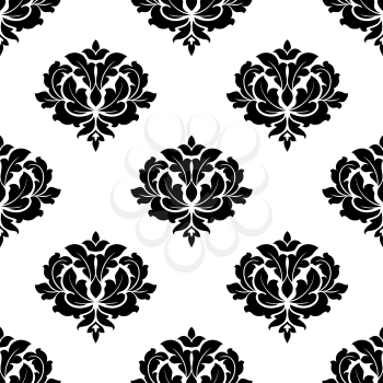 Seamless black and white pattern with elegant curlicue flowers in baroque style suited for textile and wallpaper design