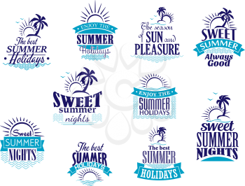 Summer holidays labels or emblems with sunrise, palms and waves in shades of blue color for travel and tourism industry design