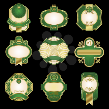 Retro luxury labels in golden and green colors with ornate floral decorative elements, ribbon banners and crowns for premium product pack and beverage design