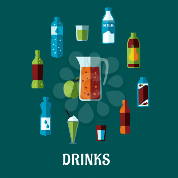 Flat non alcoholic drinks concept with pitcher and fresh apple encircled bottles of mineral water, milk, juice, cola, lemonade and glasses with cocktails