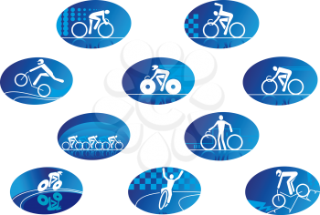 Cycling sport blue glossy icons showing abstract cyclists silhouettes with bikes for sporting competition design