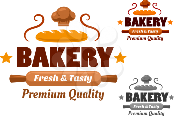 Bakery logo or emblem with fresh loaf, wooden rolling pin and chef hat decorated stars and curls in yellow, brown, gray colors