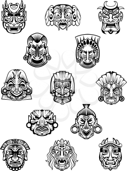 Ritual ceremonyl tribal masks in traditional african style with different emotion expressions for monster avatars, religion or historical concept design