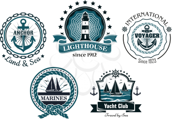 Vintage marine labels and emblems showing anchors, lighthouse, yachts, helm, ropes, chains and ribbon banners