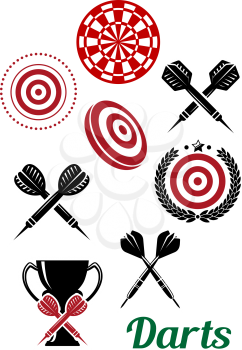 Darts design elements for sporting emblems or logo including crossed darts, target  board, trophy cup and text Darts in black and red colors