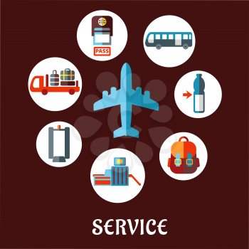 Airport and airline service flat concept with airplane surrounded white circles depicting passport control, metal detector, security gate, baggage service, passenger bus, drink, hand baggage