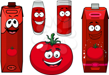 Cartoon red fresh tomato vegetable with green stalk, filled glasses and packs of tomato juice for food pack or beverage design design