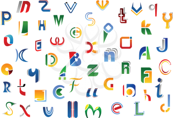 Alphabet letters and symbols with colorful uppercase and lowercase font based on geometric shapes for business logo or name card design