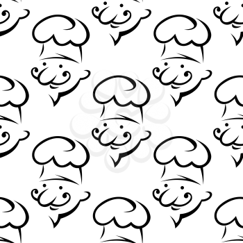 Smiling mustached cartoon chef or cook in toque in seamless pattern for culinary recipe or cooking background