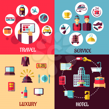 Travel and services flat concept with icons depicting internet booking, luxury, hotel, room service, reception and service staff symbols