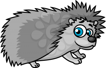 Cartoon gray hedgehog character with big blue eyes isolated on white background for child book design