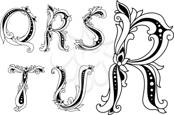 Floral capital letters Q, R, S, T and U with flowers and twirl elements for heraldry, culture or book design
