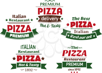 Different italian pizza labels in green and red with banners containing various text for Italian restaurant, pizzeria or cafe design