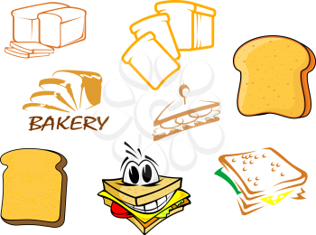 Colored vector toasts and bread icons showing a loaf, toast, slices, bakery, sandwich and cartoon sandwich with a happy face