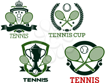 Green vector tennis badges or emblems for clubs and championships with crossed rackets on shields, wreaths or in a round frame with banner or text