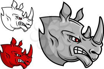 Fierce cartoon rhino head with glaring eyes in profile in three variations, isolated on white