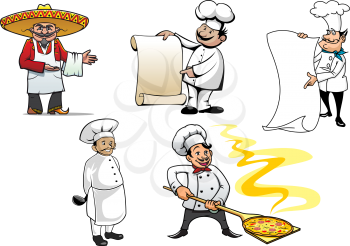 Set of international chefs colored vector character icons with a Mexican, French, German, an oriental cook and Italian making pizza