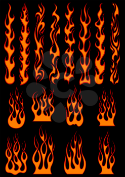Various fiery vector tribal flames in colorful orange on black including long trails suitable as depicting speed