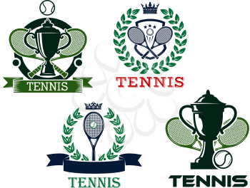 Set of four vector tennis emblems or badges for championship or club awards with rackets, trophies, banners and wreaths