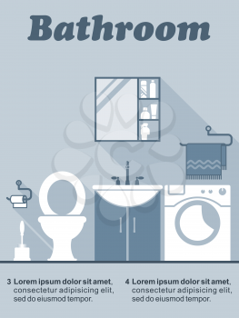 Bathroom flat interior decor and design infographic with editable text space showing a toilet, vanity unit, wall cabinet and washing machine in shades of blue