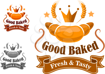 Bakery label for fresh and tasty products with a crown and ears of wheat above a croissant with text and a banner below in three color variations