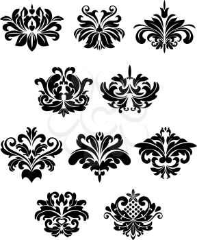 Black damask floral and foliate design elements isolated on white background suitable for patterns or ornaments