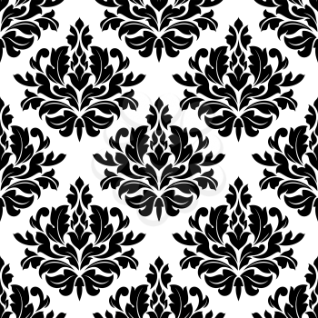 Classic damask floral seamless pattern with black flowers on white background