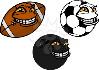 Happy grinning cartoon soccer, football and bowling ball looking sideways, isolated on white