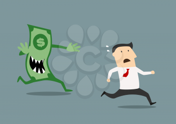 Businessman running for his life pursued by an evil dollar banknote with sharp teeth in a conceptual vector illustration