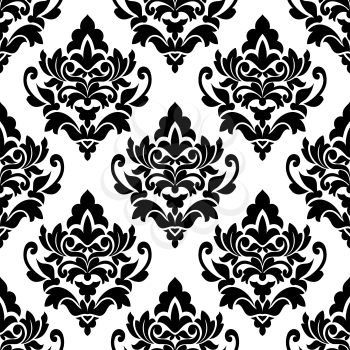 Black floral seamless pattern in damask style with curled flowers for wallpaper and textile design