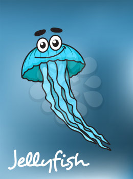 Cartoon cute blue jellyfish character with flowing long tentacles on dark blue blurred background with caption Jellyfish for underwater life concept design