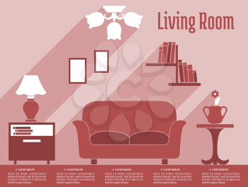 Living room interior infographic in flat style showing sofa, bedside tables, lamp, bookshelf, chandelier in red and white with caption Living Room and text layout for apartment design