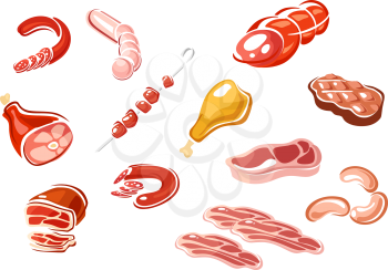 Meat and meat products in cartoon style depicting bacon strips, sliced sausages and roast beef, grilled and fresh steaks, chicken and pork gammons, kebab on skewer suited for steak house or butcher sh